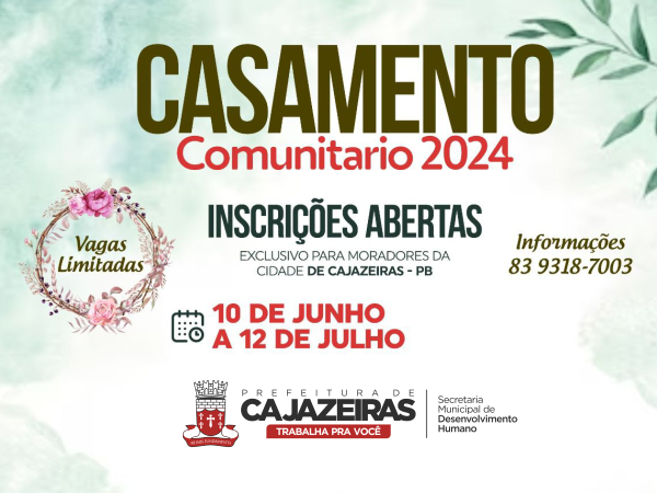 Até o dia 12 de julho: Prefeitura de Cajazeiras inscreve para tradicional casamento comunitário